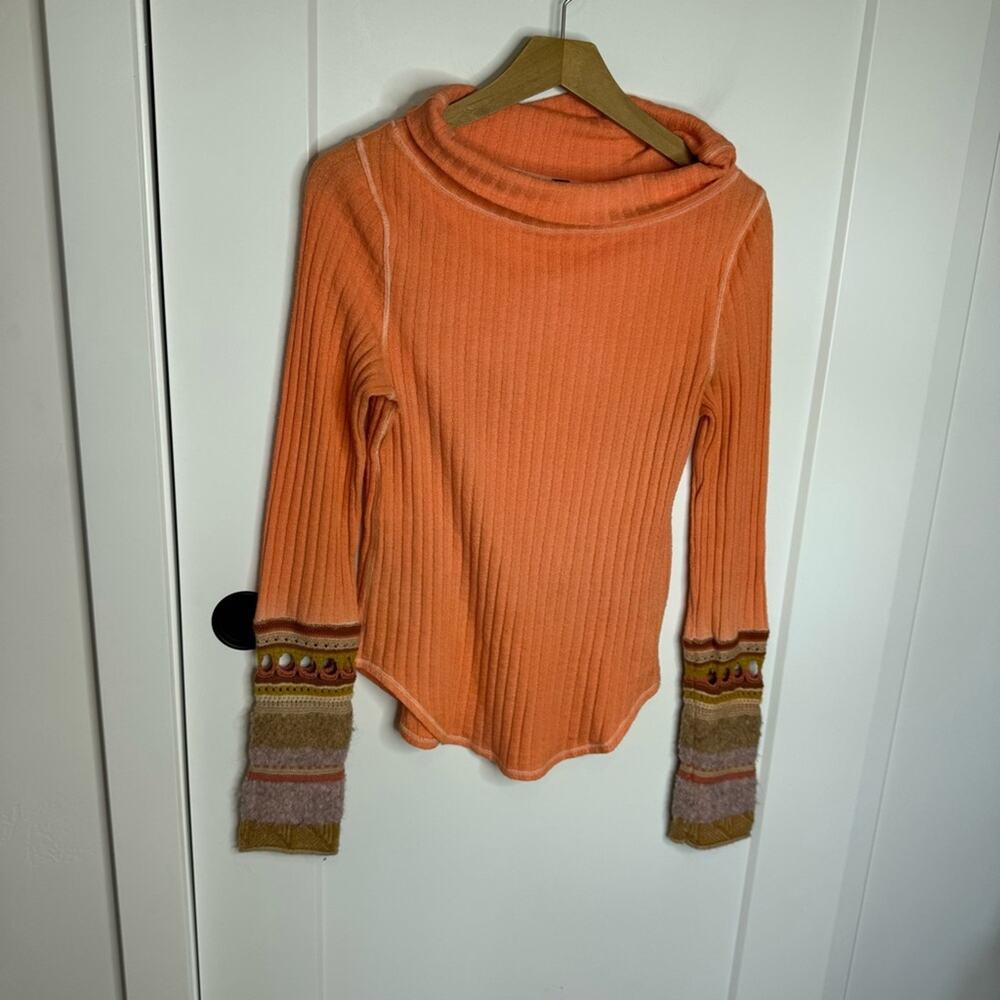 Free People Orange Ribbed Cowl Neck Sweater with Multicolor Sleeves